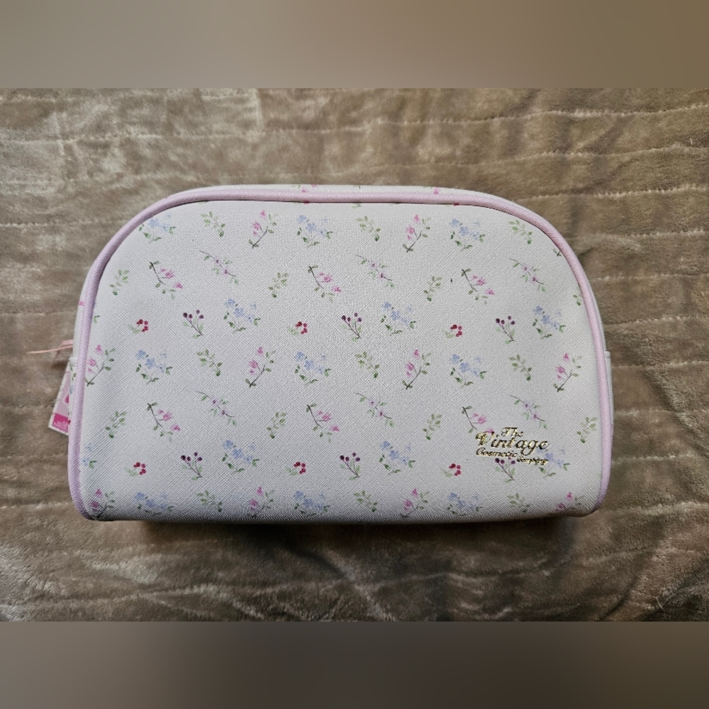 Floral Cosmetic Pouch with Pink Trim